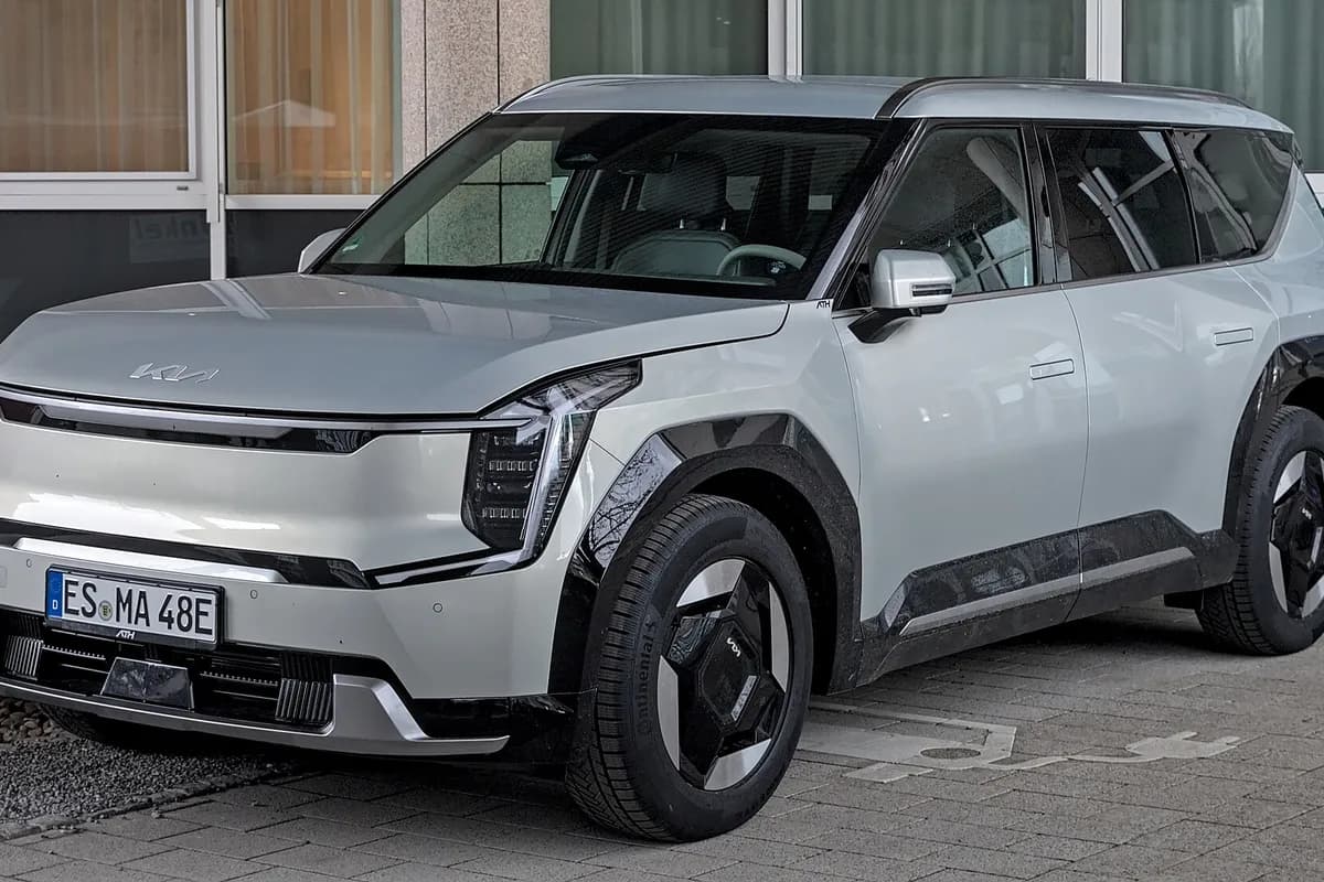 A Kia EV9, front three-quarter view