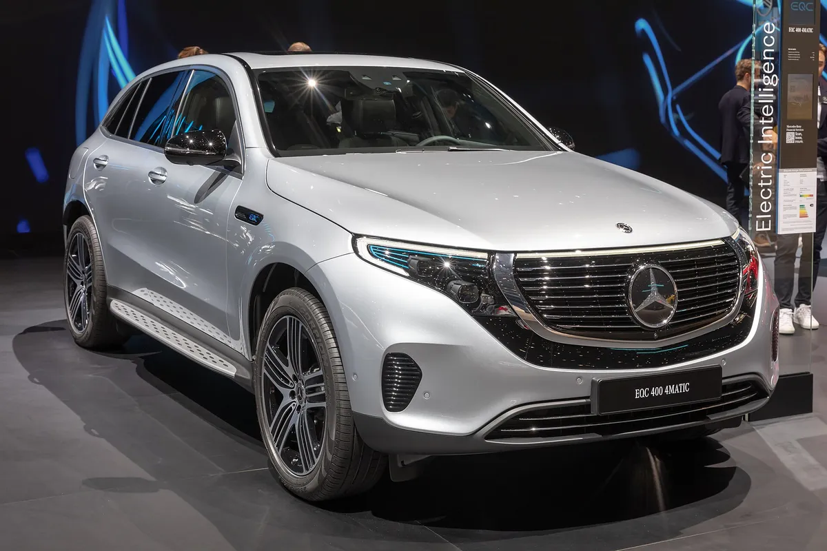 A Mercedes-Benz EQC, front three-quarter view