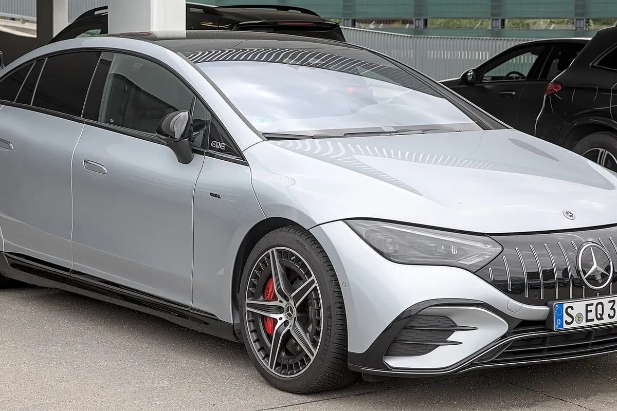 A Mercedes-Benz EQE, front three-quarter view