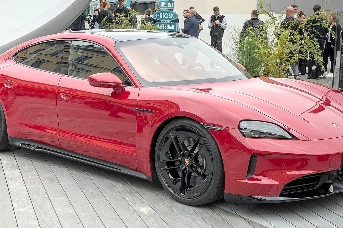 A Porsche Taycan, front three-quarter view