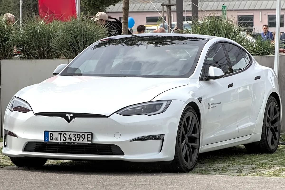 A Tesla Model S, front three-quarter view